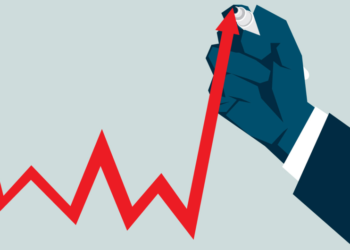 Dow Jones rises on inflation data. Illustration of a hand in a business suit holding a red marker, drawing an upward trending line on a graph. The red line represents a fluctuating but overall increasing trend, symbolizing growth or improvement in a business or financial context. The background is a light gray color.Stock Market Correction Strategies