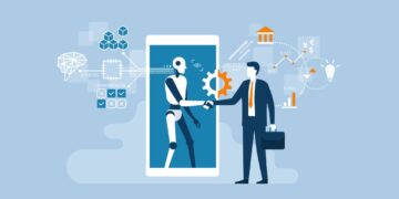 AI and Machine learning in trading. Illustration of a business professional shaking hands with a robot. The robot is emerging from a large smartphone screen. Surrounding the smartphone are various technological and financial icons, including a light bulb, blockchain symbols, a microchip, graphs, and currency symbols, representing the integration of artificial intelligence in business. The background is a light blue color. That simbolyse about AI impact on business efficiency.