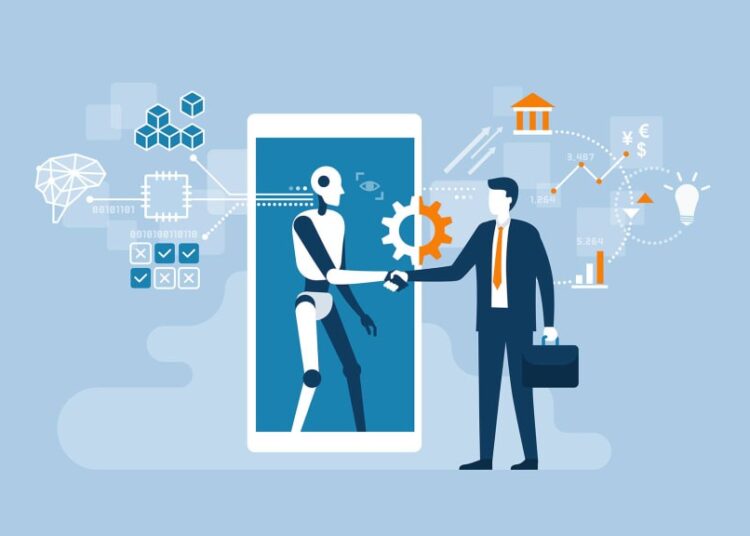 AI and Machine learning in trading. Illustration of a business professional shaking hands with a robot. The robot is emerging from a large smartphone screen. Surrounding the smartphone are various technological and financial icons, including a light bulb, blockchain symbols, a microchip, graphs, and currency symbols, representing the integration of artificial intelligence in business. The background is a light blue color. That simbolyse about AI impact on business efficiency.